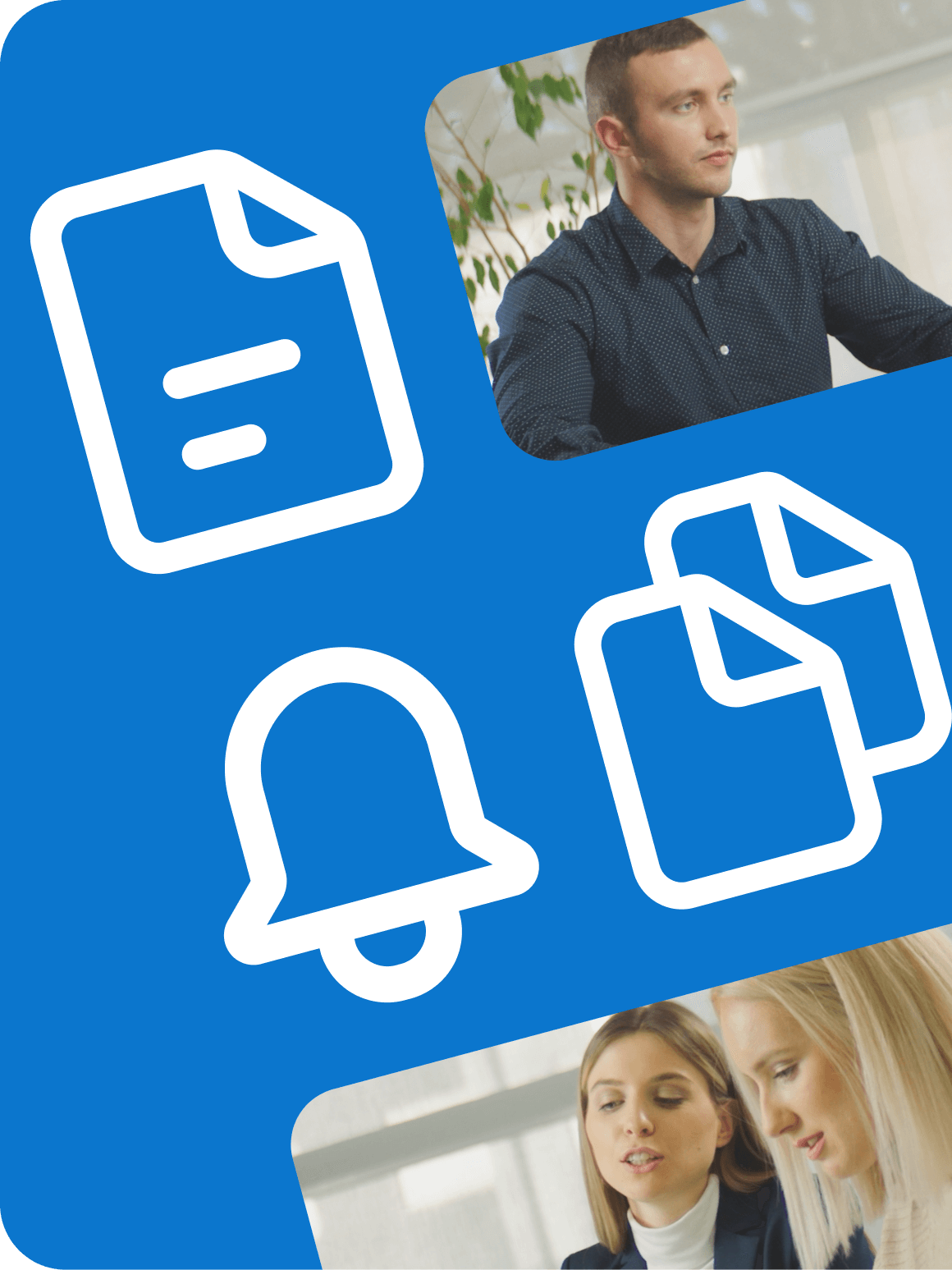 Montage of UI elements and office workers