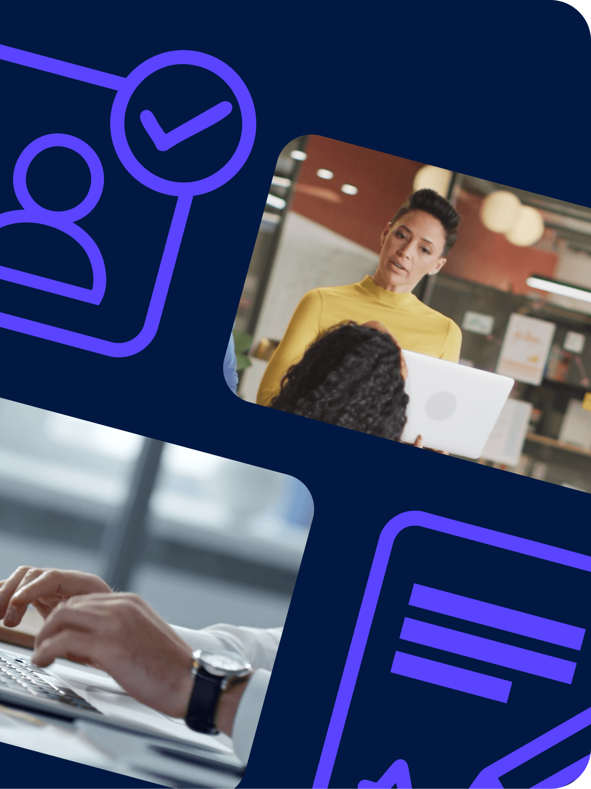 Montage of UI elements and office workers