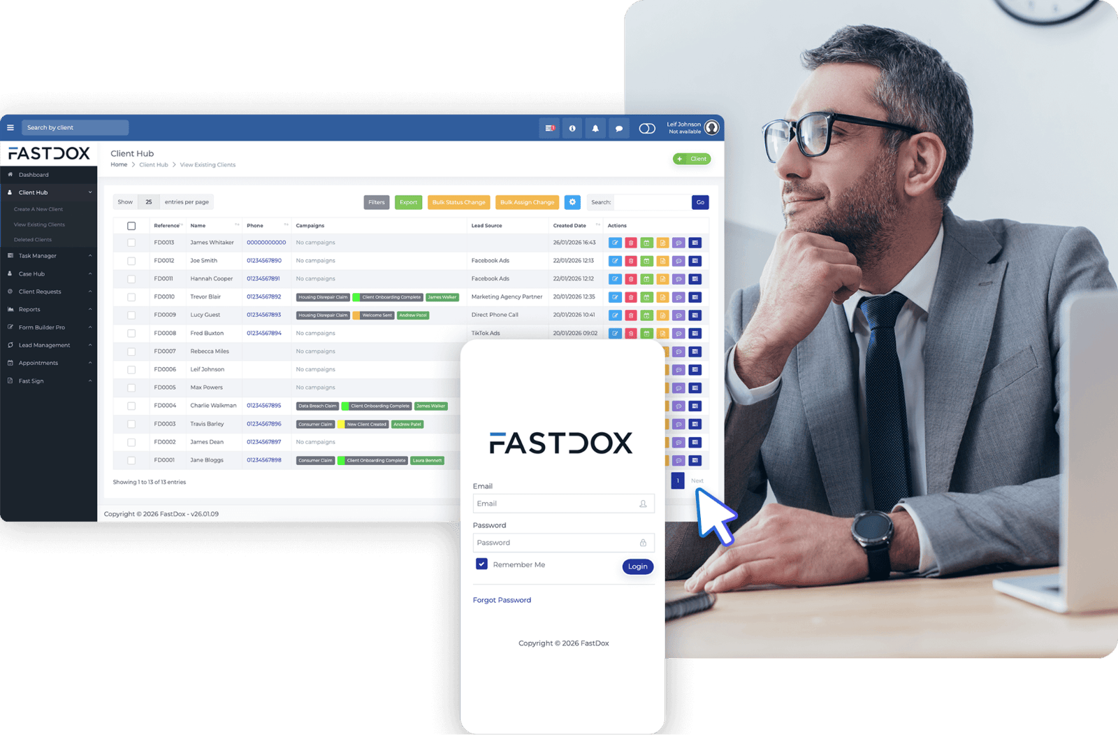 Montage featuring FastDox platform screenshots on desktop and mobile