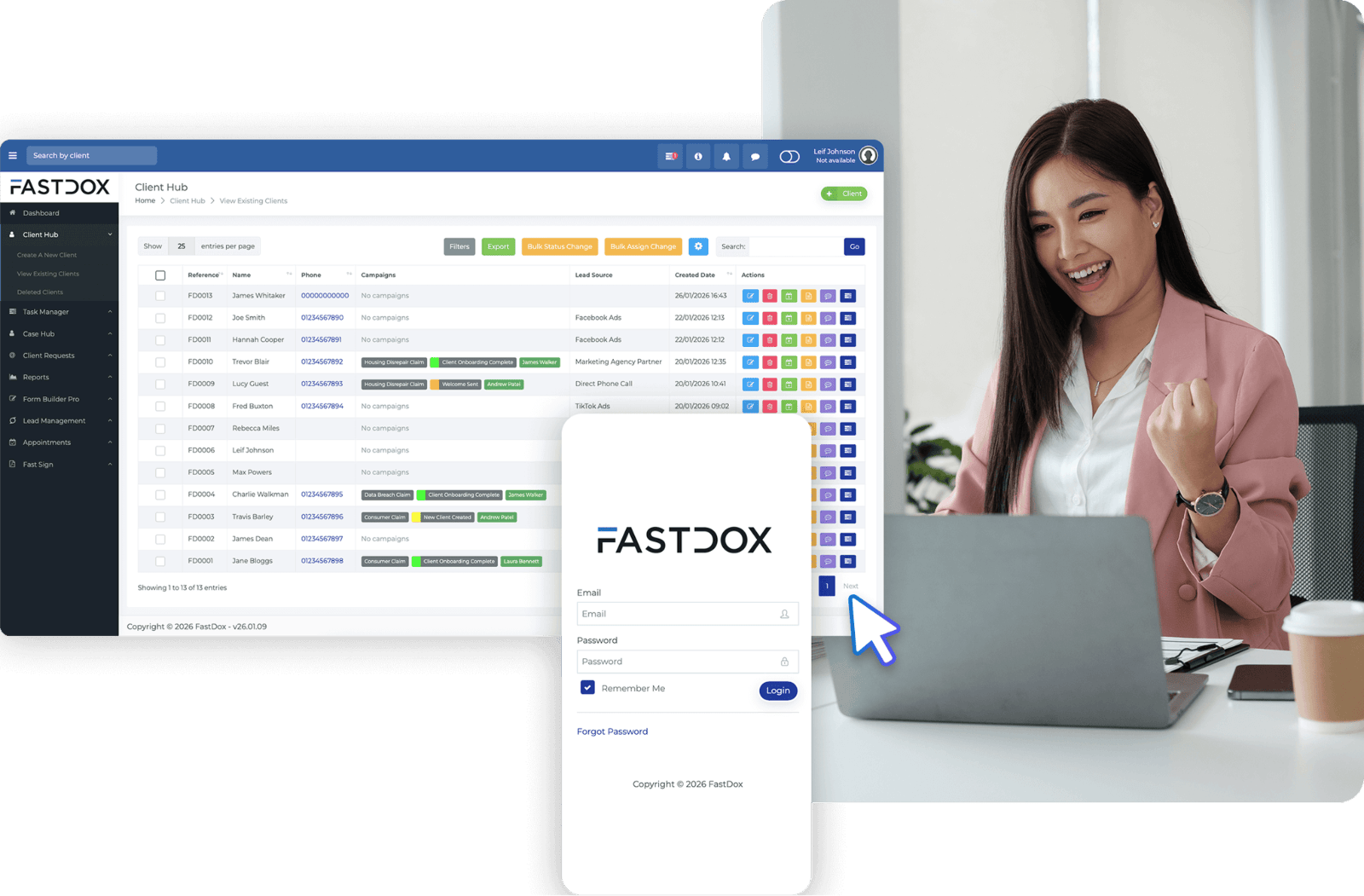 Montage featuring FastDox platform screenshots on desktop and mobile