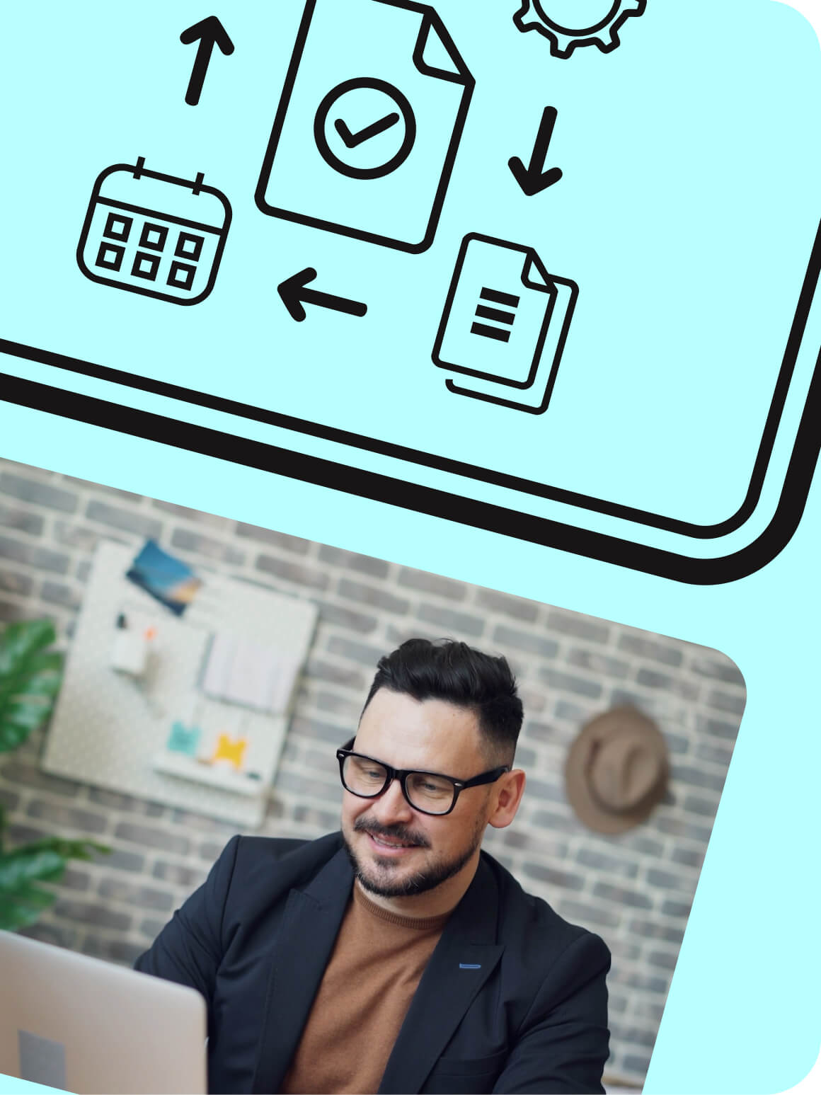 Montage of UI elements and office workers